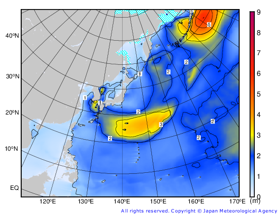 Map centered on Japan with wave forecast for tomorrow at 00 or 12 UTC - Color Chart